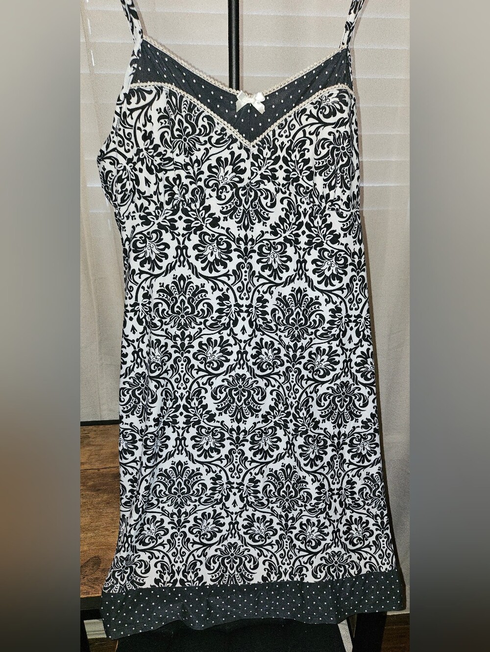 Black and white damask print chemise slip dress.